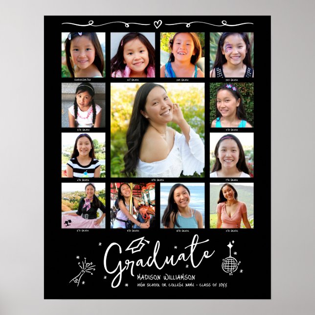 Póster Black Graduation K–12 Photo Collage White Doodles (Frente)
