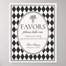 Póster Black Harlequin Checkered Wedding Favors Sign