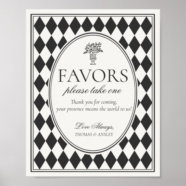 Póster Black Harlequin Checkered Wedding Favors Sign (Frente)