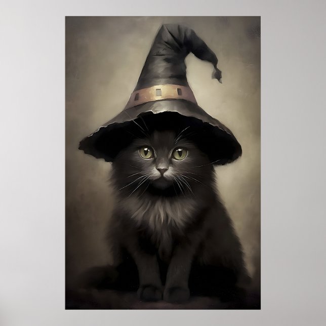 Póster Black Kitten In A Witch's Hat Print, Halloween Cat (Frente)