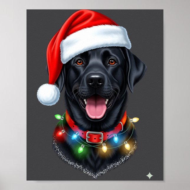 Póster Black Lab Labrador Christmas Dog Santa Hat Light P (Frente)