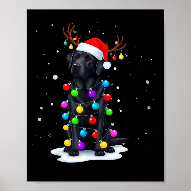 Póster Black Lab Labrador Dog Funny Christmas Lights Rein (Frente)