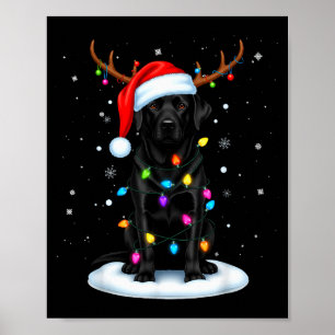 Póster Black Lab Labrador Perro de Navidad Reno Luces P