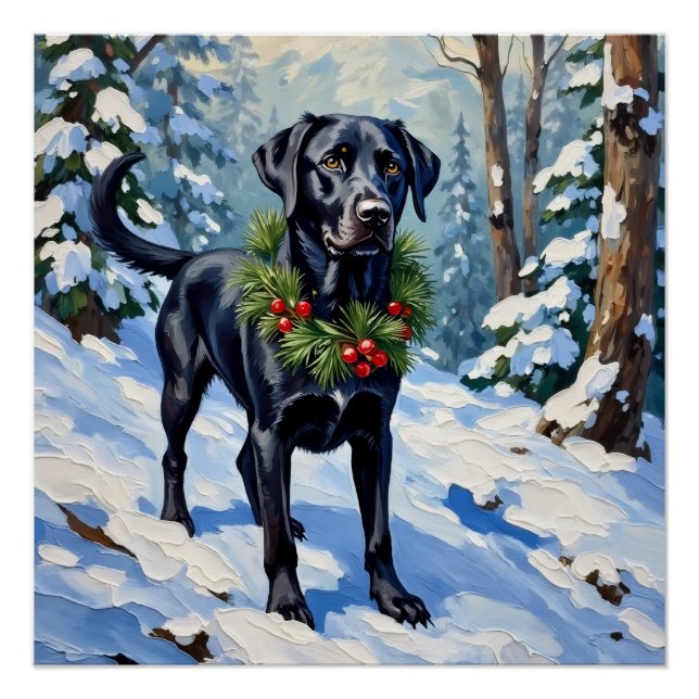 Póster Black Lab Serene Winter Forest Christmas Holiday (Anverso)