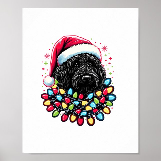 Póster Black Labradoodle Christmas Tree Xmas Lights Doodl (Frente)