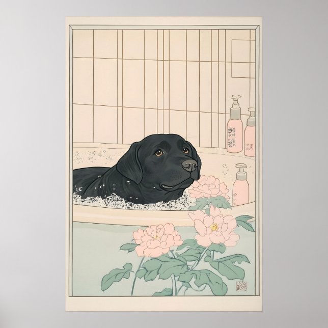Póster Black Labrador Bathroom Print Japandi Ukiyo-e (Frente)