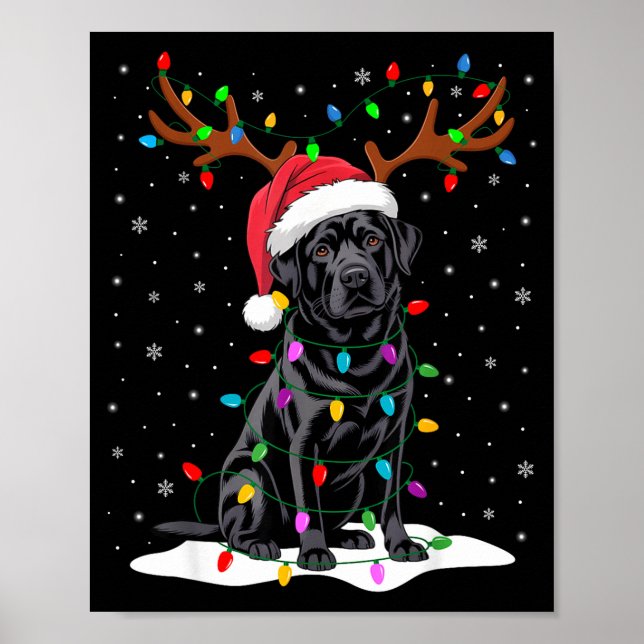 Póster Black Labrador Santa Hat Reindeer Tree Lights Chri (Frente)