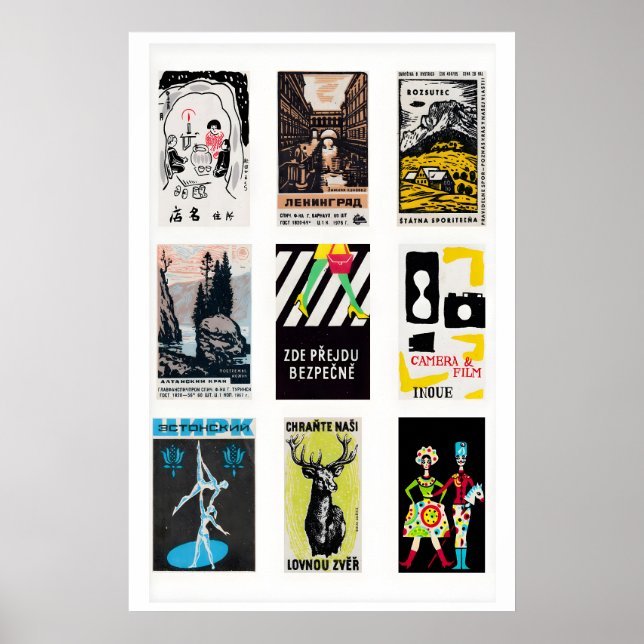 Póster Black Matchbox Labels Grid Print, Vintage Ephemera (Frente)