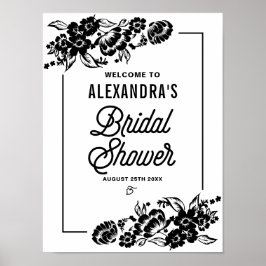 Póster Black Modern Floral Accents Bridal Shower Rótulo