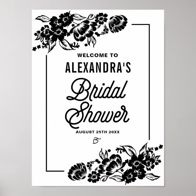 Póster Black Modern Floral Accents Bridal Shower Rótulo (Frente)