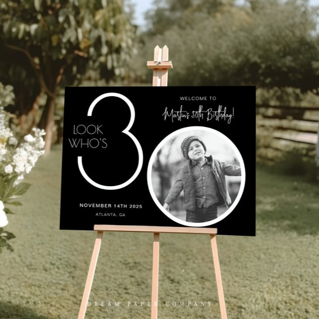 Póster Black Modern Photo 30th Birthday Welcome Sign (Subido por el creador)