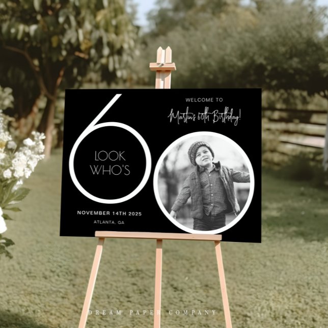Póster Black Modern Photo 60th Birthday Welcome Sign (Subido por el creador)