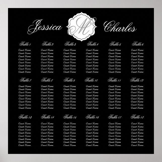 Póster Black Monogram Wedding Reception Seating Chart (Frente)