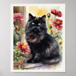 Póster Black Persian Cat Watercolor Red Asters