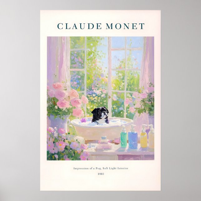 Póster Black Pug Bathroom Print Monet Style French (Frente)
