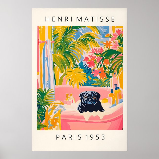 Póster Black Pug in Bathtub Art Print Funny Dog Bathroom (Frente)