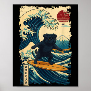 Póster Black Pug Japonés Kanagawa Wave Surfing Japan Mom