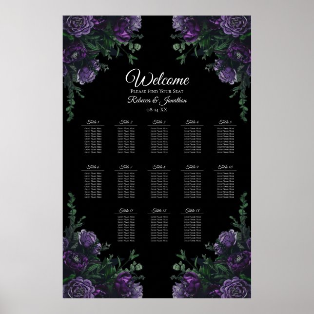 Póster Black Purple Floral Elegant Wedding Gothic (Frente)