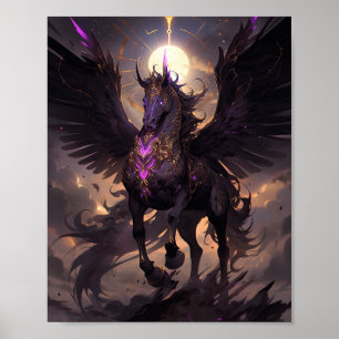 Póster Black Purple Unicorn Fantasy Art