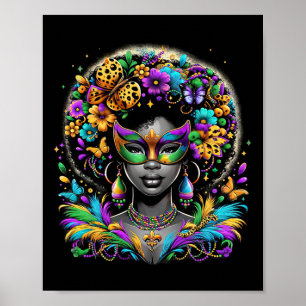 Póster Black Queen Afro African Beads Máscara Mardi Gras 