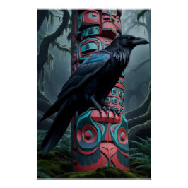 Póster Black Raven y Totem Pole Wildlife Art