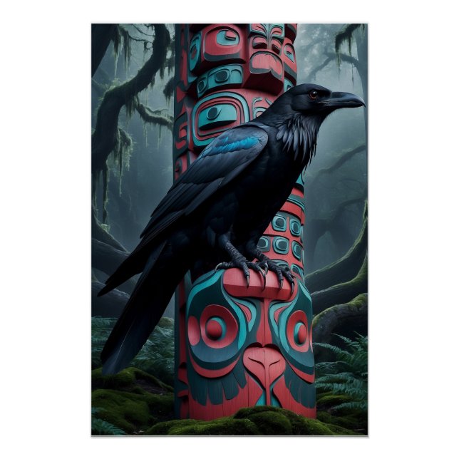 Póster Black Raven y Totem Pole Wildlife Art (Anverso)