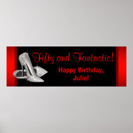 Póster Black Red Glitter High Heels Birthday Party Banner