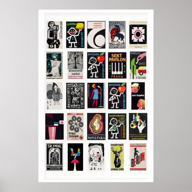 Póster Black Retro matchbox labels wall art, grid (Frente)