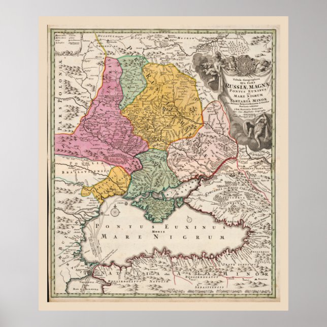 Póster Black Sea Region Map (1720) Turkey Bulgaria Russia (Frente)