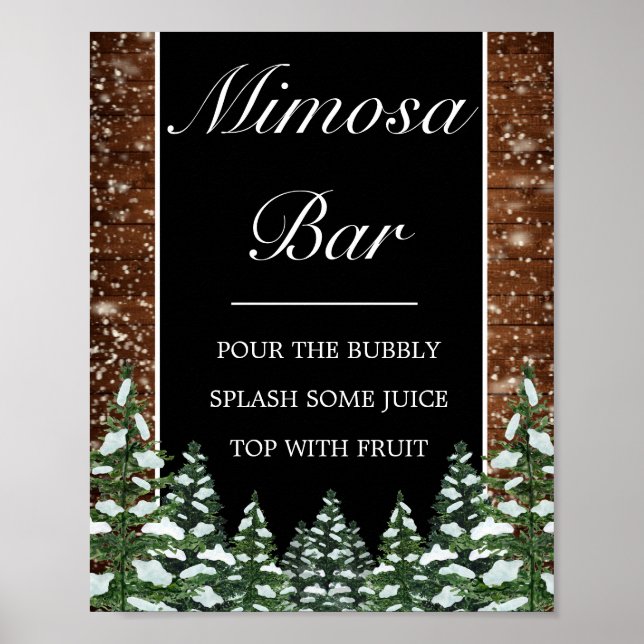 Póster Black Snowy Wood & Forest Mimosa Bar Wedding Sign (Frente)