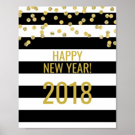 Póster Black Stripes Gold Confetti Feliz Año Nuevo 2018