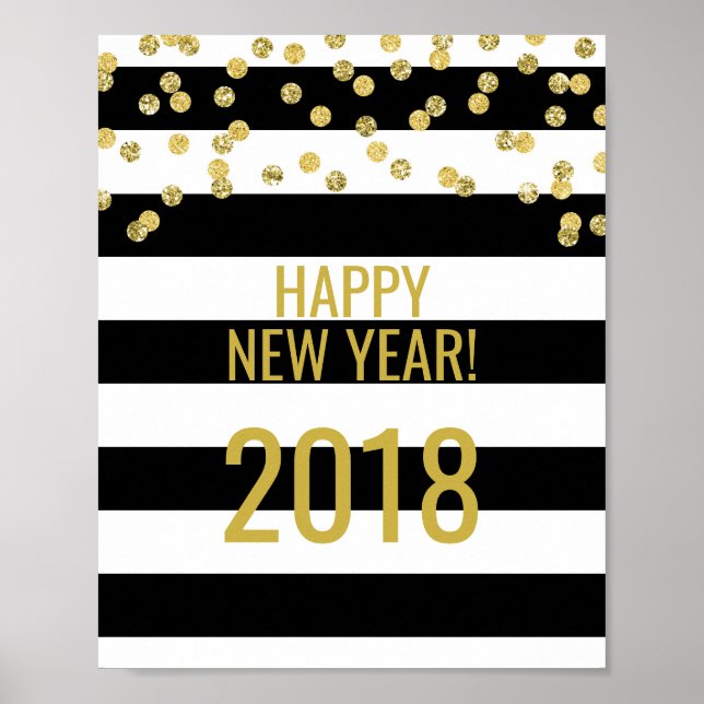 Póster Black Stripes Gold Confetti Feliz Año Nuevo 2018 (Frente)