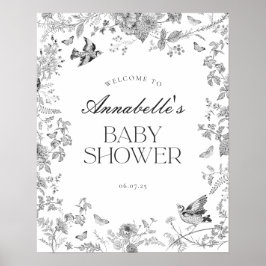 Póster Black Toile Jouy Floral Baby Shower Welcome Sign