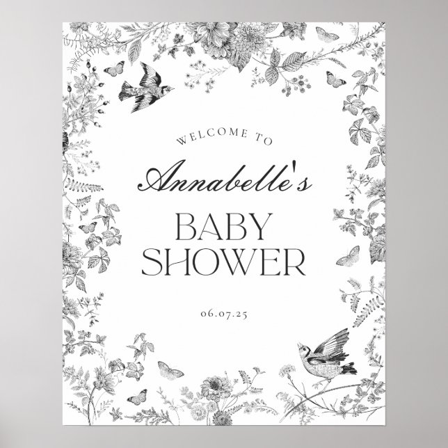 Póster Black Toile Jouy Floral Baby Shower Welcome Sign (Frente)