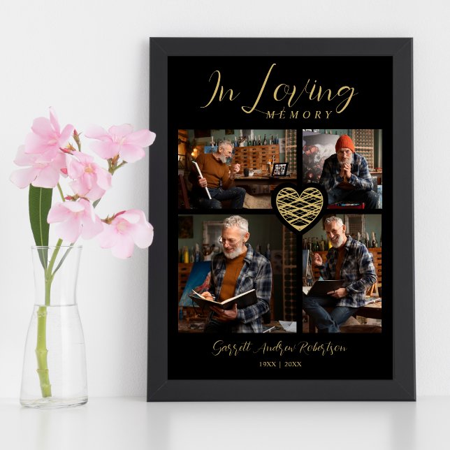 Póster Black Trendy Collage 4 Photos Modern Heart (Black Trendy Collage 4 Photos Modern Heart Poster for Funeral or Celebration of Life.)