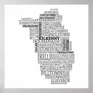 Póster Black Typographical Map of Co. Kilkenny, Ireland