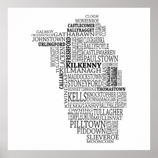 Póster Black Typographical Map of Co. Kilkenny, Ireland