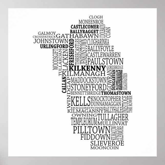 Póster Black Typographical Map of Co. Kilkenny, Ireland (Frente)