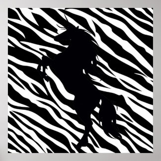 Póster Black Unicorn Silhouette On Zebra Print Poster