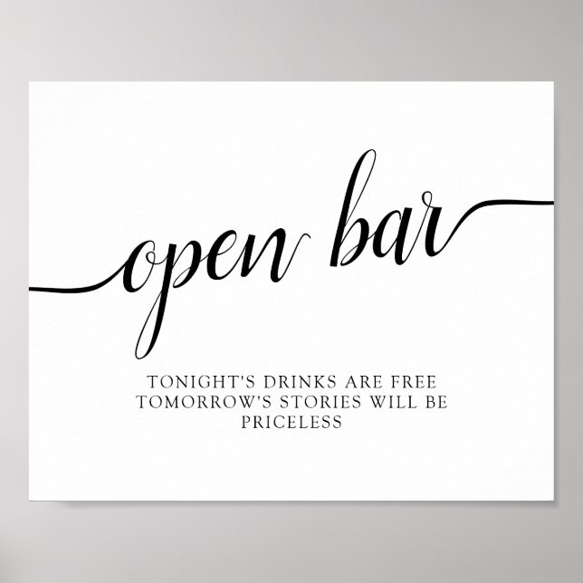 Póster Black & White Calligraphy Wedding "Open Bar" Sign (Frente)