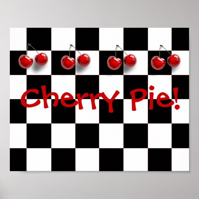 Póster Black & White Checkerboard Cherry Pie Kitchen (Frente)