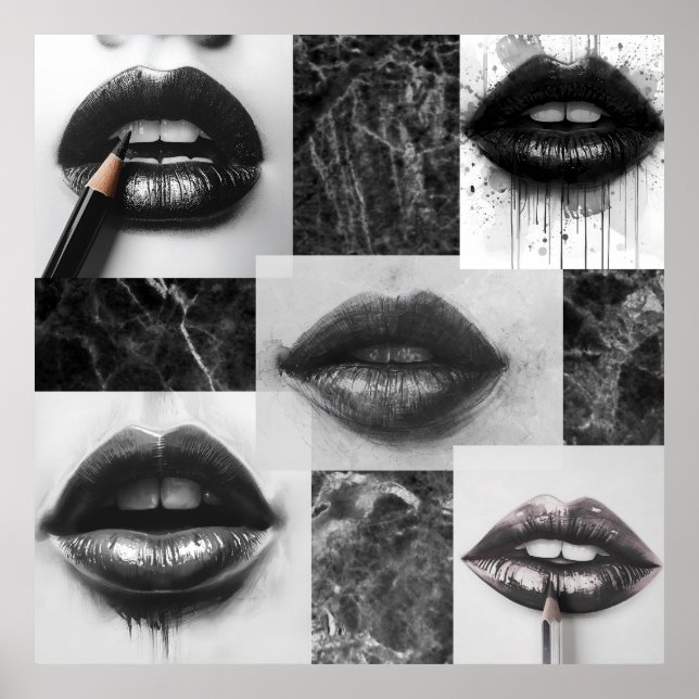 Póster Black & White Lips Collage Poster – Modern Fashion (Frente)