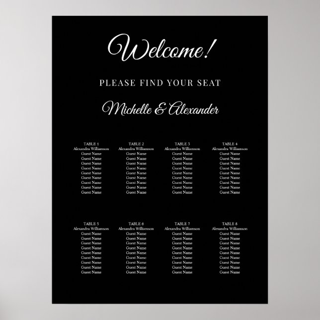 Póster Black white modern script wedding seating chart (Frente)