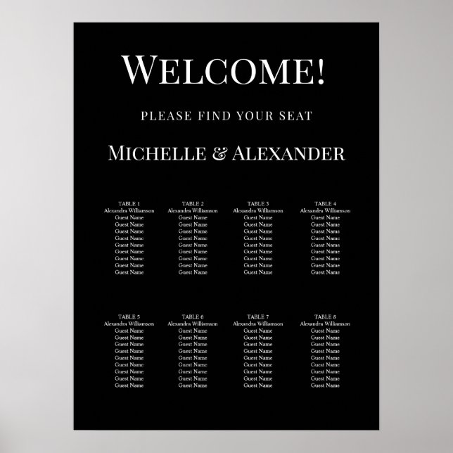 Póster Black white modern simple wedding seating chart (Frente)