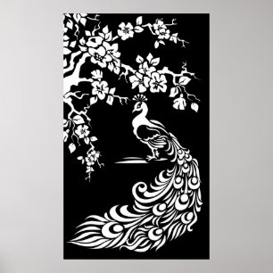 Póster Black white peacock and cherry blossoms poster