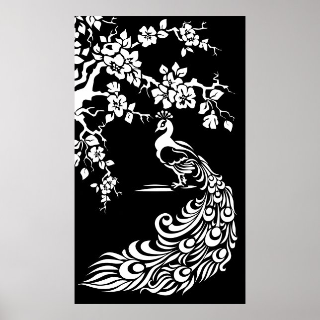 Póster Black white peacock and cherry blossoms poster (Frente)