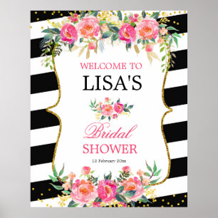 Póster Black White Striped Pink Floral welcome sign