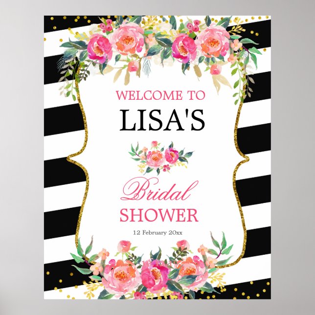Póster Black White Striped Pink Floral welcome sign (Frente)