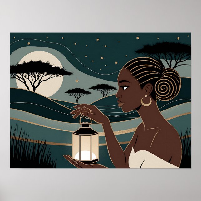 Póster Black Woman Holding a Lantern at Night (Frente)