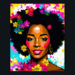 Póster Black Woman Pop Art Multicolor<br><div class="desc">Esta obra de arte única presenta a una hermosa mujer negra con pelo afro natural en un retrato de arte pop vibrante con flores de colores y un fondo abstracto multicolor. Un toque estético de los años 70 con colores vivos y vivos, este arte de belleza melanina puede alegrar cualquier...</div>